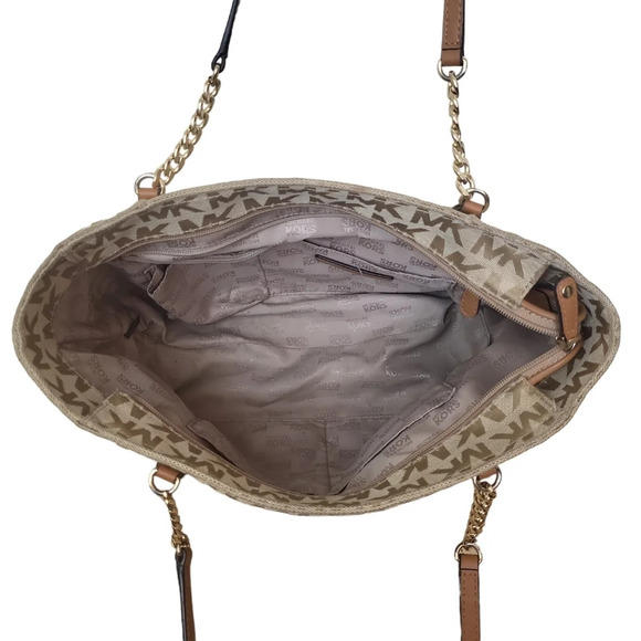 Michael Kors Beige/Cognac Signature Canvas Leather Tote - Picture 2 of 6